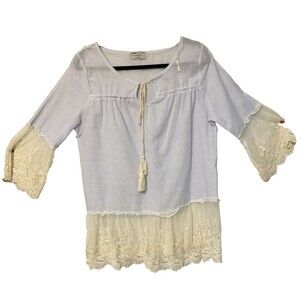 Bongo Women's Scoop Neck Top Lace Hem/Sleeves Size L 3/4 Sleeve‎